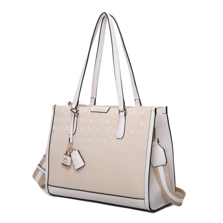 RoccoBarocco 11214 FRIDA Tote Bag Large Borsa a Mano Donna in Ecopelle e Tessuto Off White