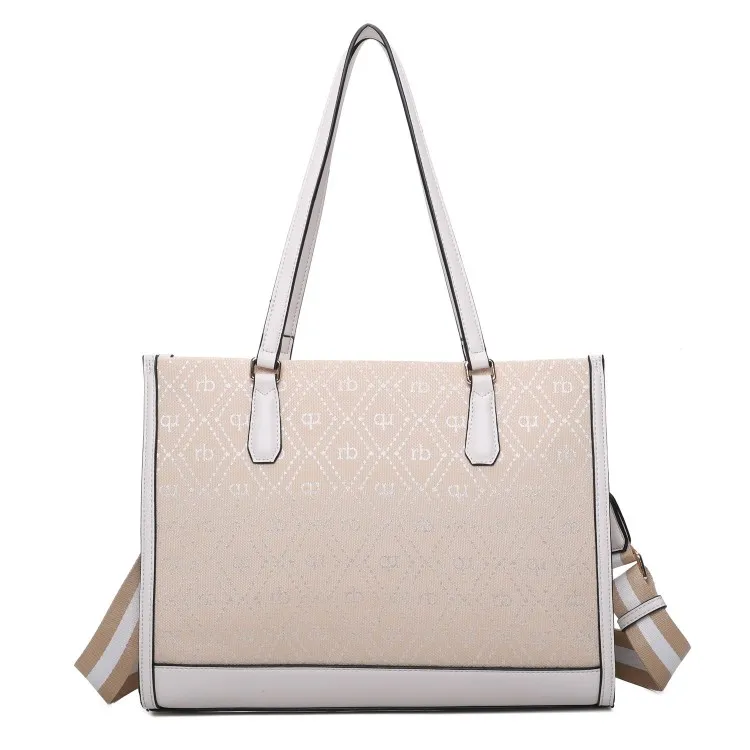 RoccoBarocco 11214 FRIDA Tote Bag Large Borsa a Mano Donna in Ecopelle e Tessuto Off White