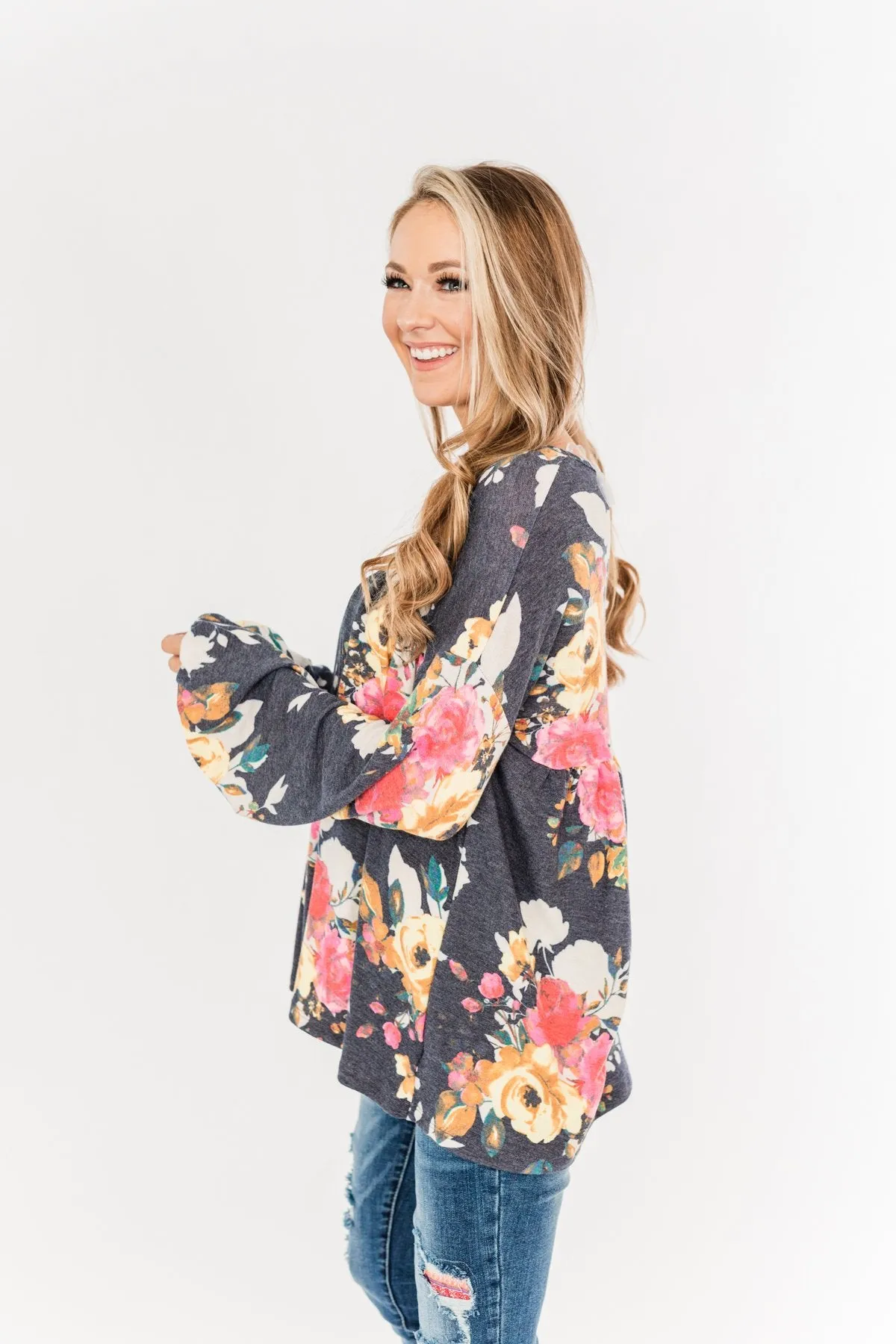 Safe & Sound Floral Baby Doll Top- Navy