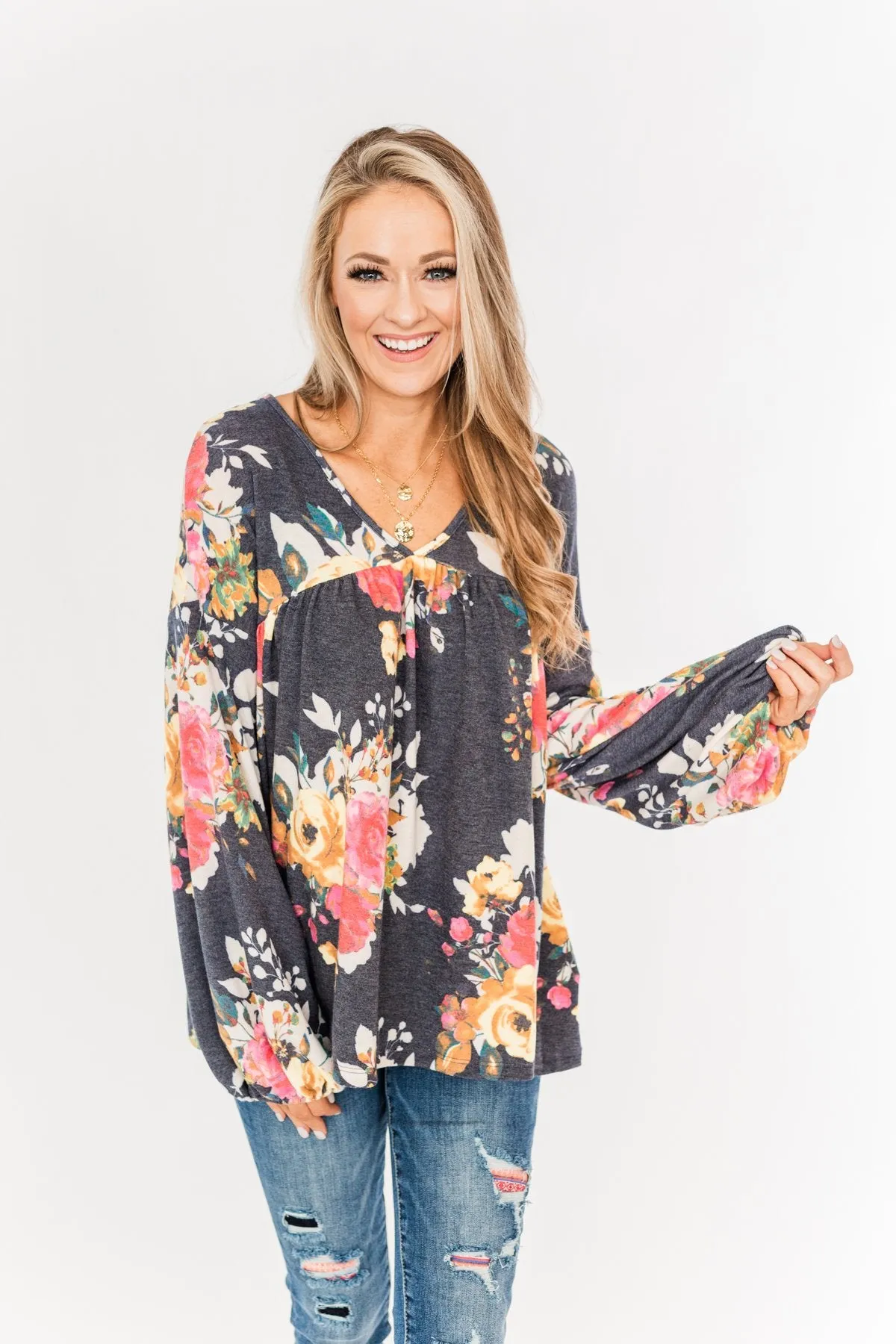 Safe & Sound Floral Baby Doll Top- Navy