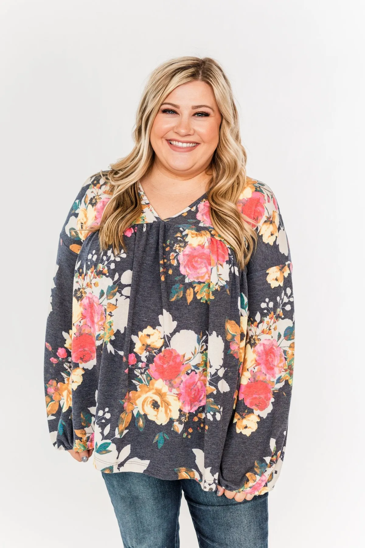 Safe & Sound Floral Baby Doll Top- Navy