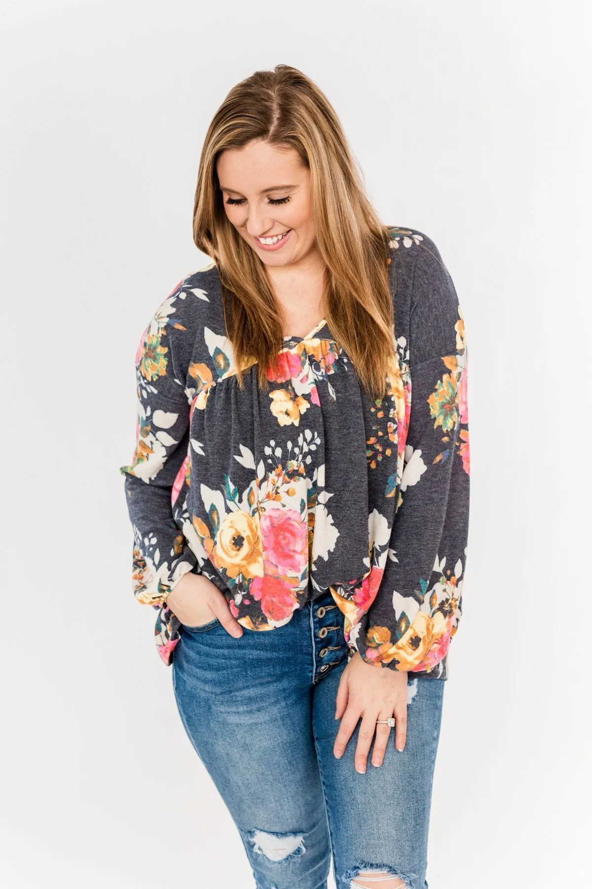 Safe & Sound Floral Baby Doll Top- Navy