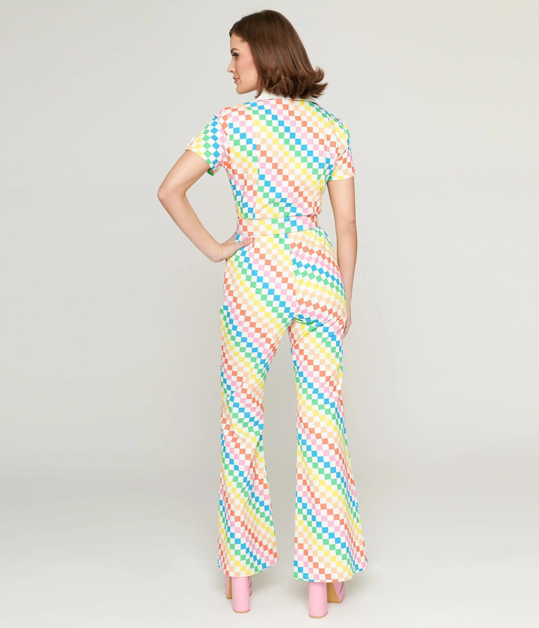 Smak Parlour 1970s Rainbow Check Flare Jumpsuit