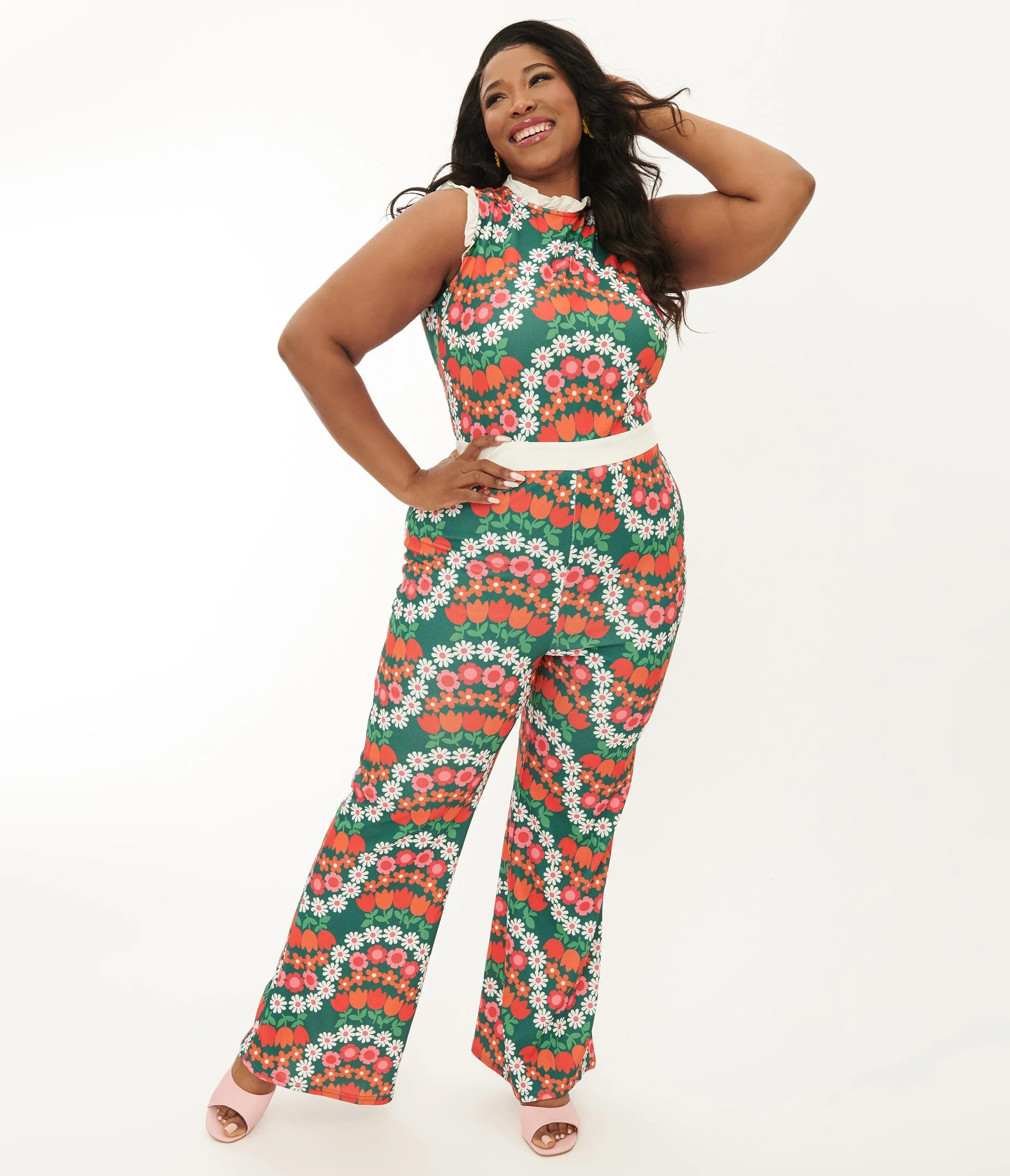 Smak Parlour Plus Size Green & Red Daisy Chain Back Bow Jumpsuit