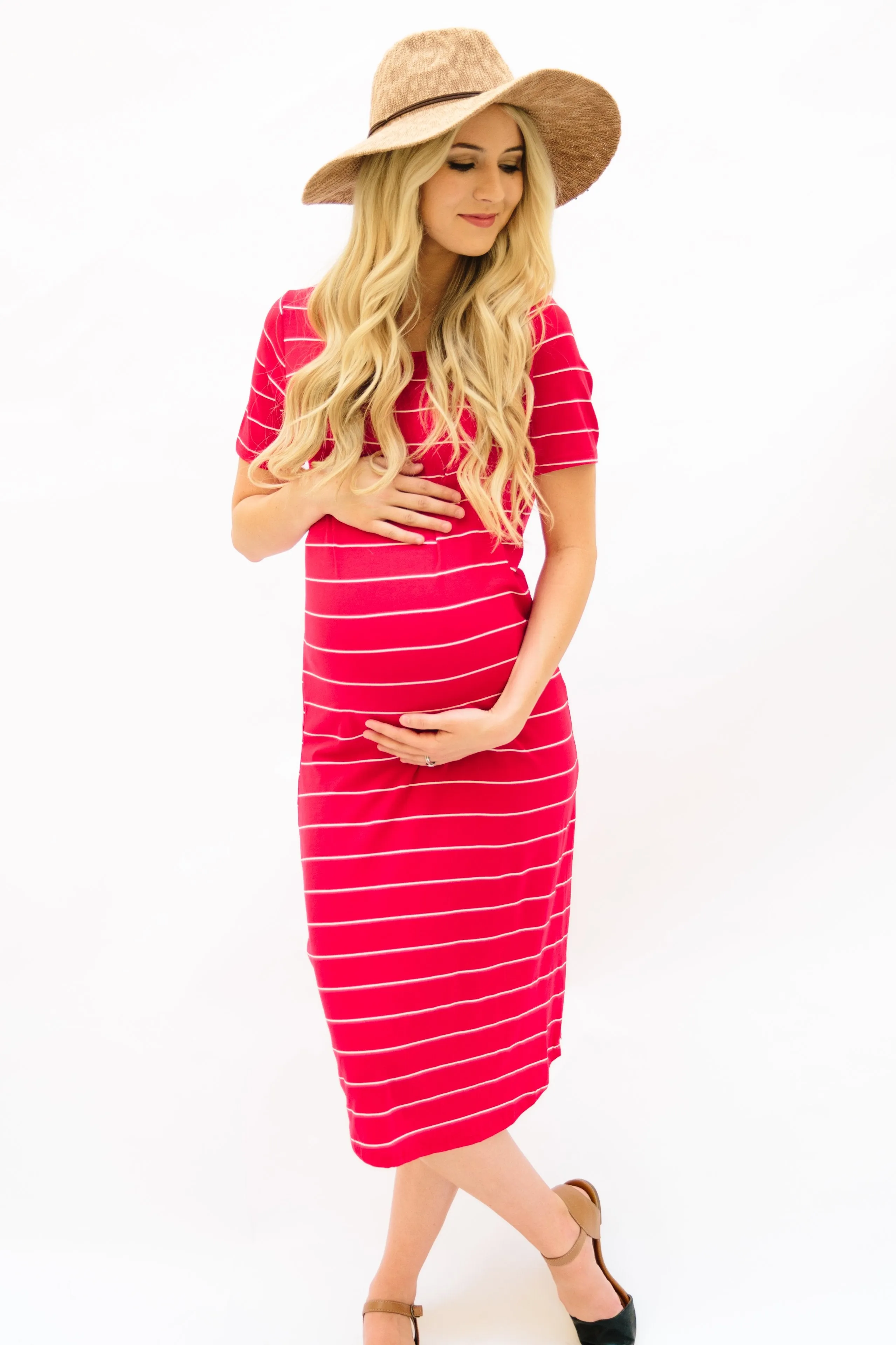 Striped Tee Dress: Red with Thin White Stripe