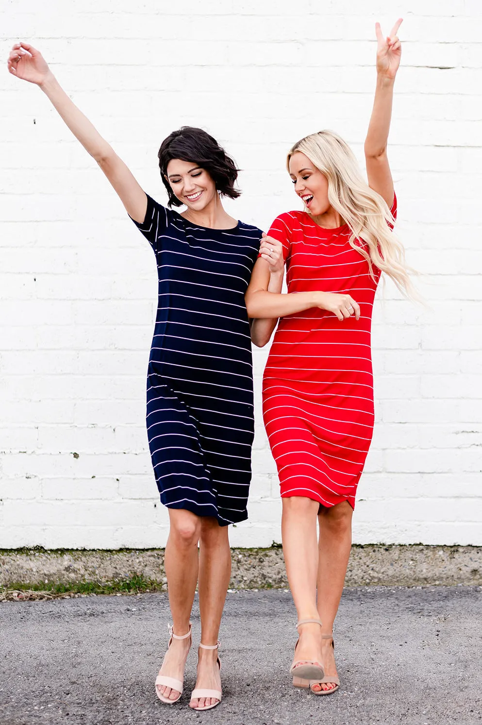 Striped Tee Dress: Red with Thin White Stripe