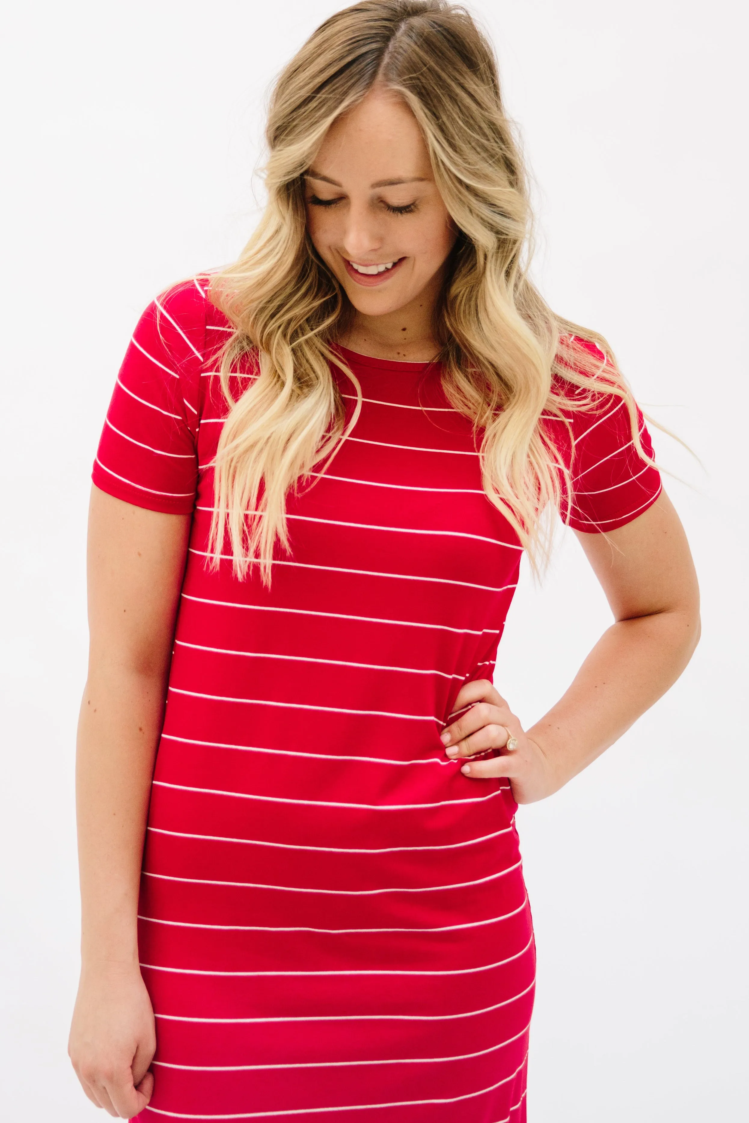 Striped Tee Dress: Red with Thin White Stripe