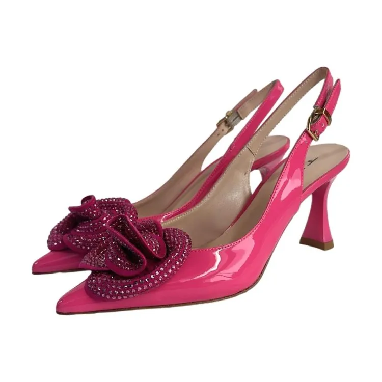 Tiffi G406 Decollete Tacco Medio Sling Back con Fiore di Strass Fuxia