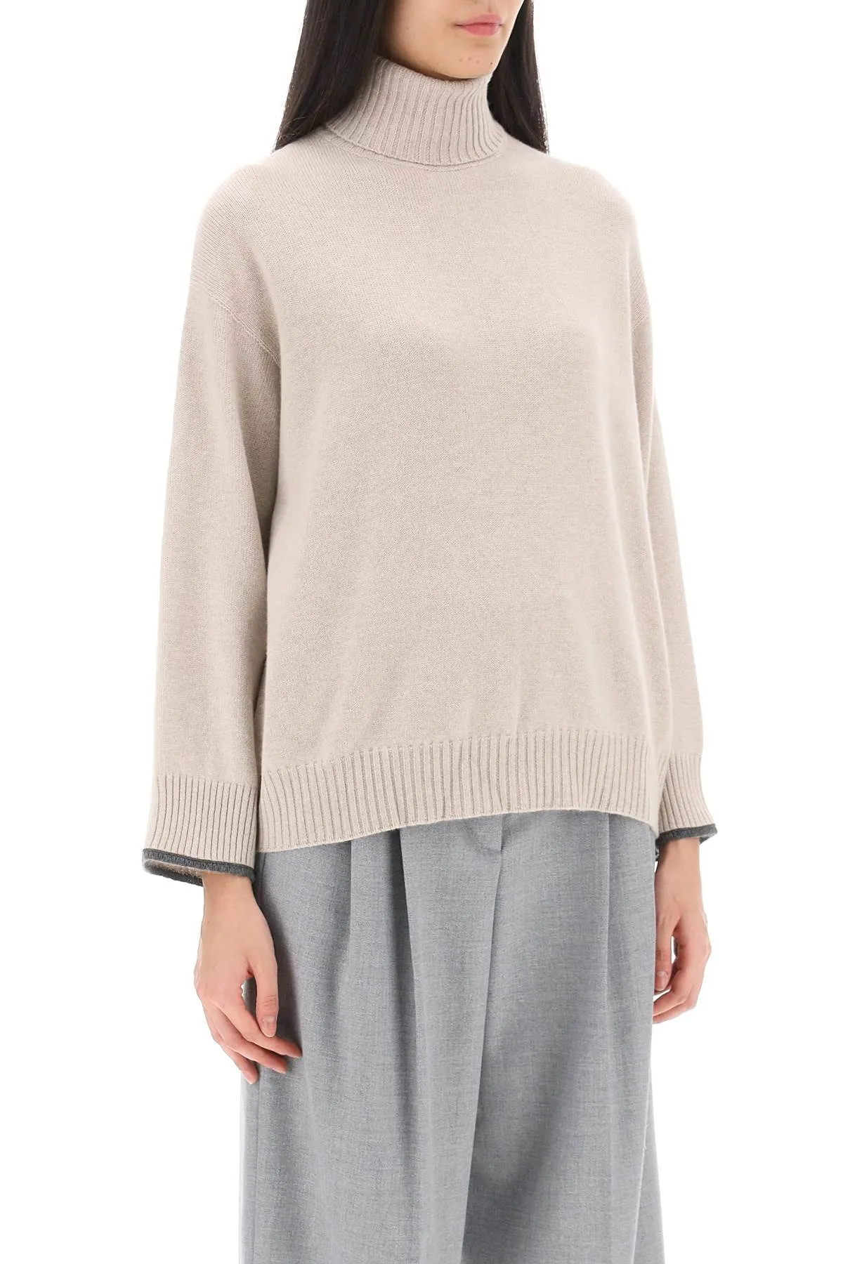 Turtleneck Sweater With Shiny Contrast Cuffs