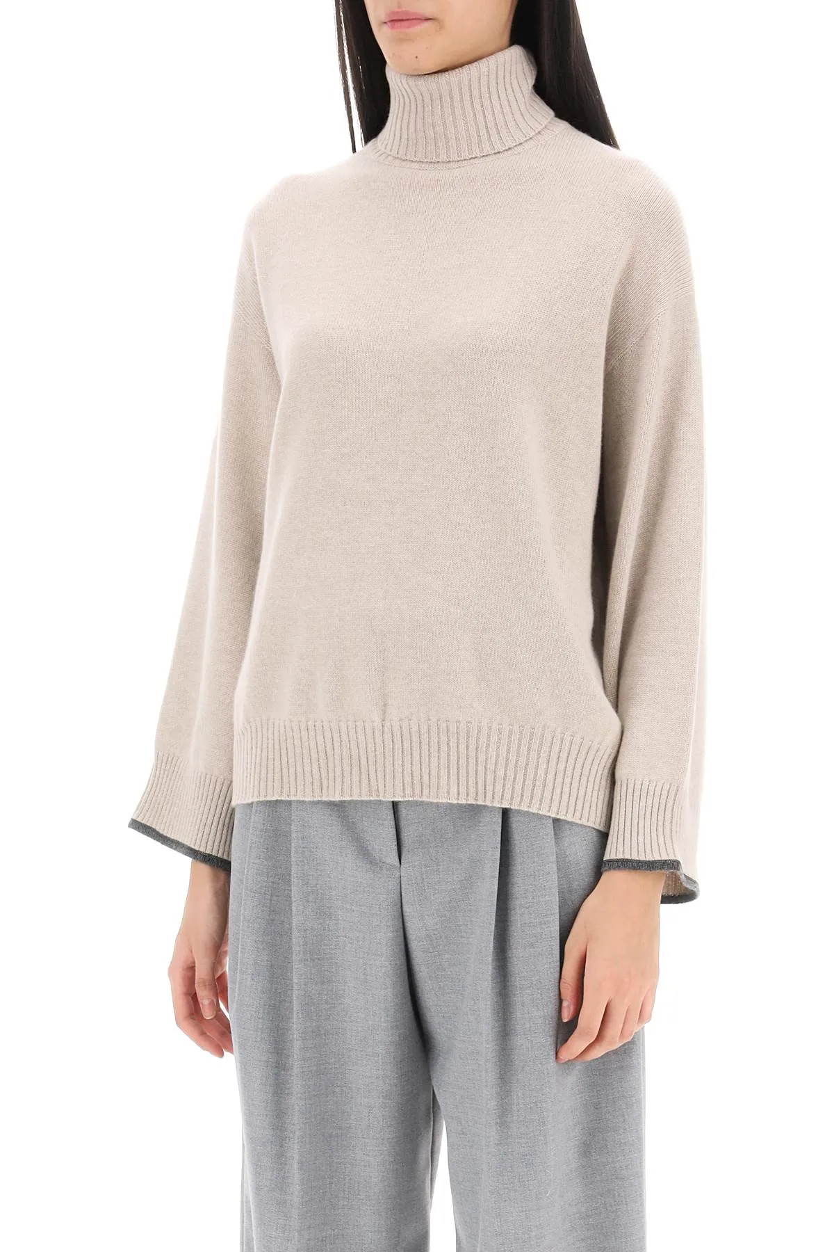 Turtleneck Sweater With Shiny Contrast Cuffs