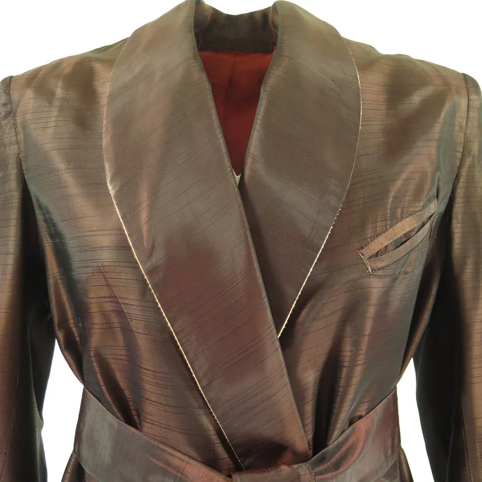 Vintage 40s Iridescent Silk Robe Brown Men L Smoking Lounge Wear Sleepwear