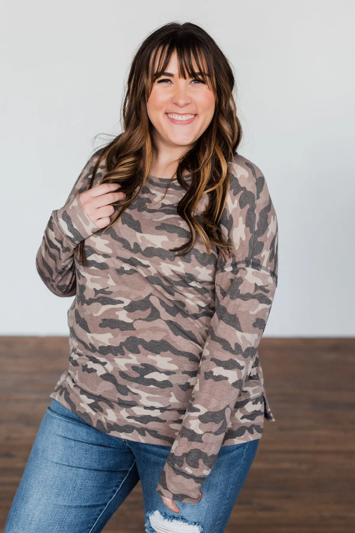 What If Long Sleeve Pullover- Brown Camo