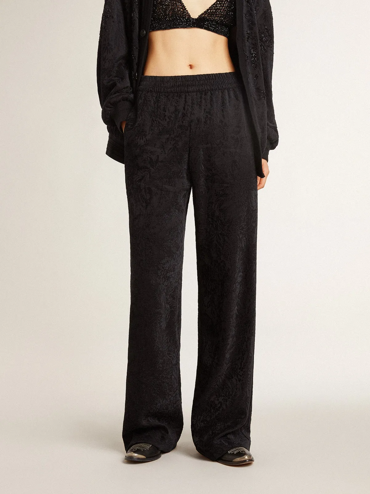 Women's black joggers with a tone-on-tone toile de jouy print 