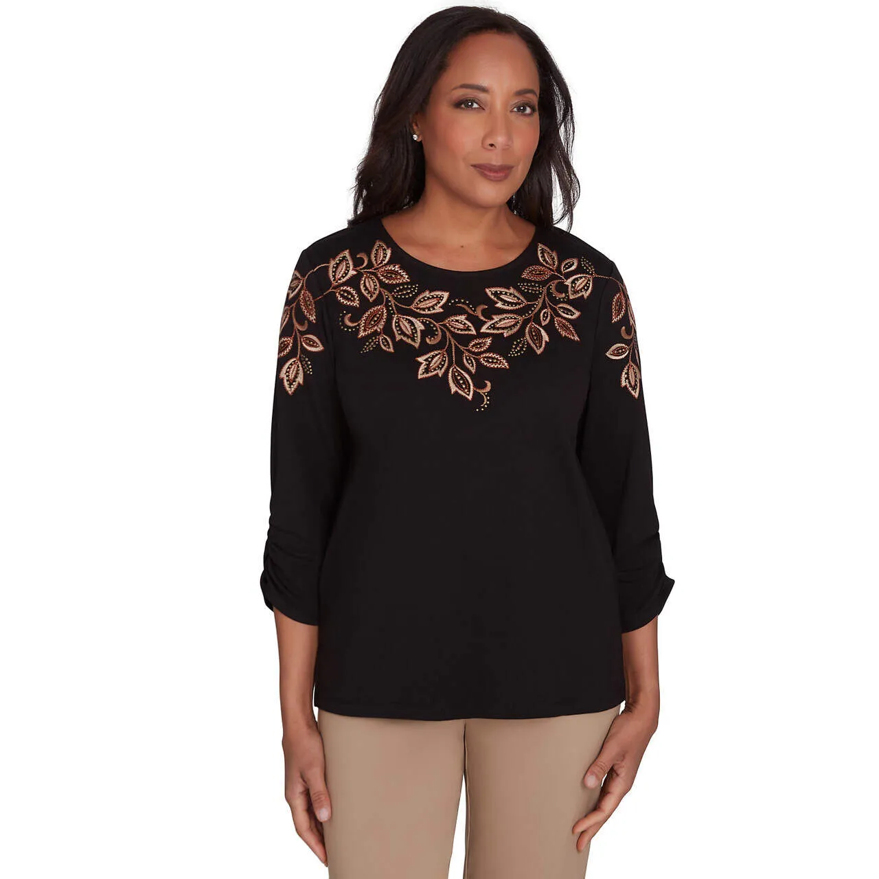 Women's Leaf Embroidered Ruched Sleeve Sweater - 71453