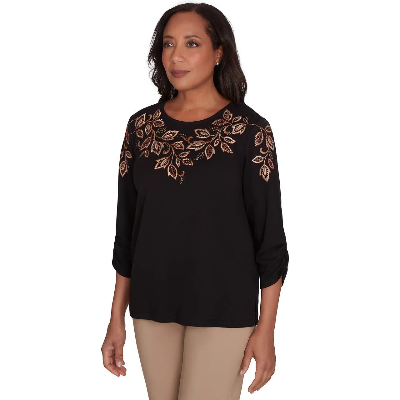 Women's Leaf Embroidered Ruched Sleeve Sweater - 71453