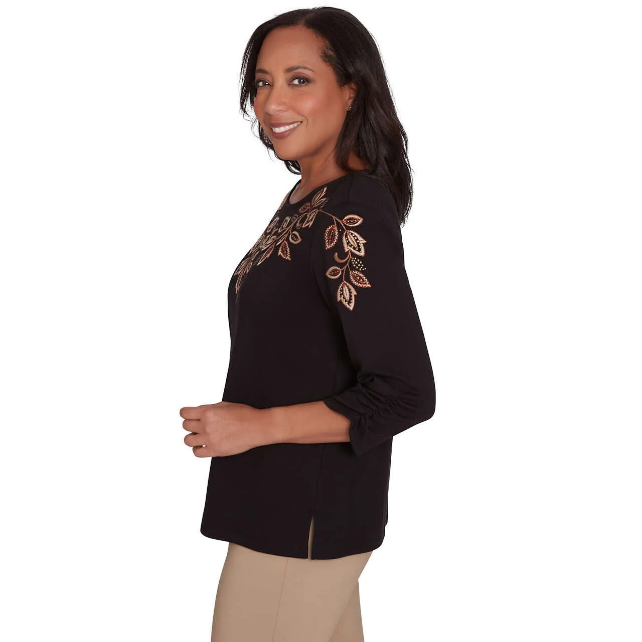 Women's Leaf Embroidered Ruched Sleeve Sweater - 71453