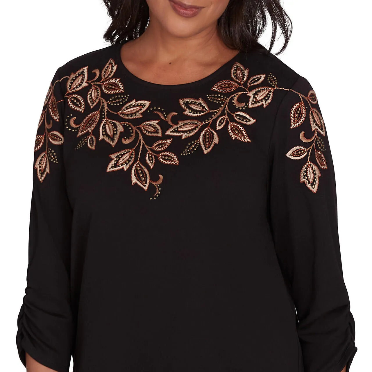 Women's Leaf Embroidered Ruched Sleeve Sweater - 71453