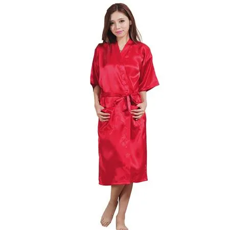 Women's Polyester Satin Solid Color Knee-Length Kimono Bath Robe with Belt