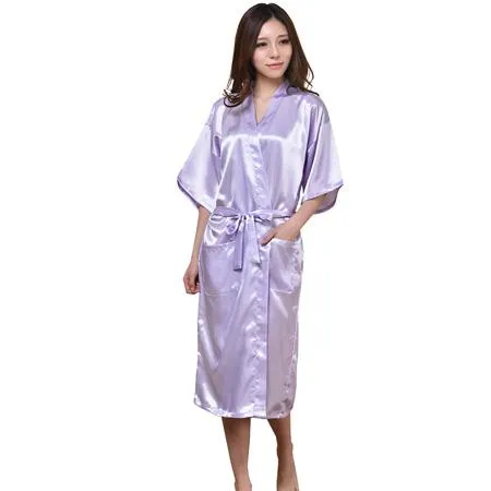 Women's Polyester Satin Solid Color Knee-Length Kimono Bath Robe with Belt