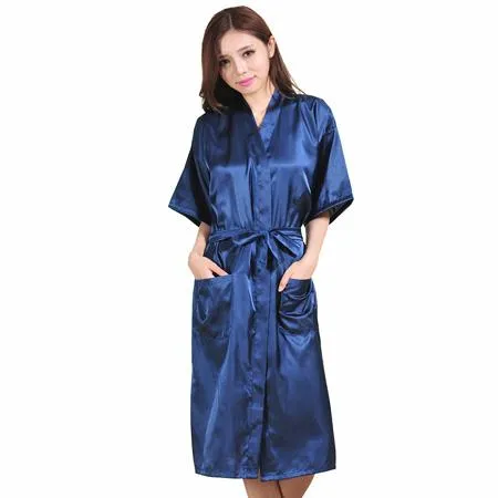 Women's Polyester Satin Solid Color Knee-Length Kimono Bath Robe with Belt