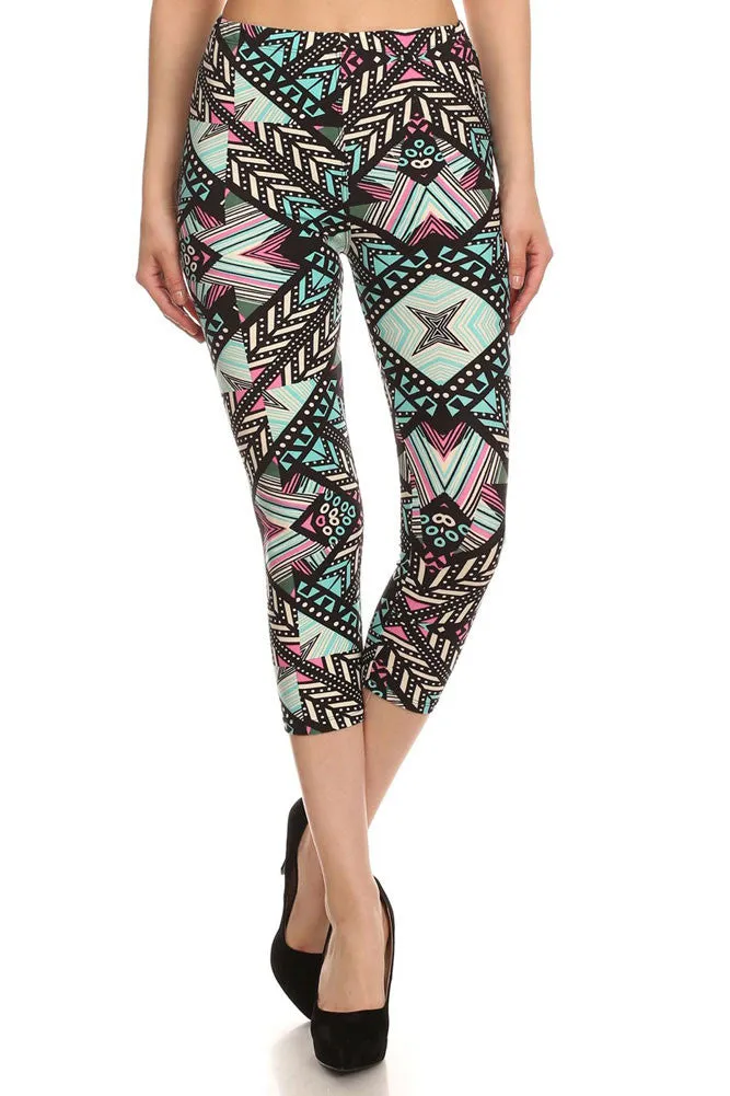 Womens Regular Little Chevron & Striped Print CAPRI Leggings - Black Mint Purple