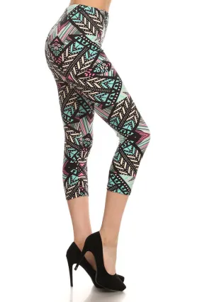 Womens Regular Little Chevron & Striped Print CAPRI Leggings - Black Mint Purple