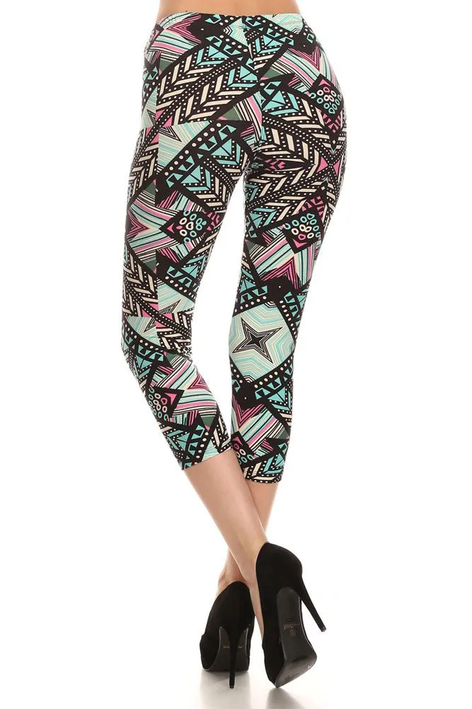 Womens Regular Little Chevron & Striped Print CAPRI Leggings - Black Mint Purple