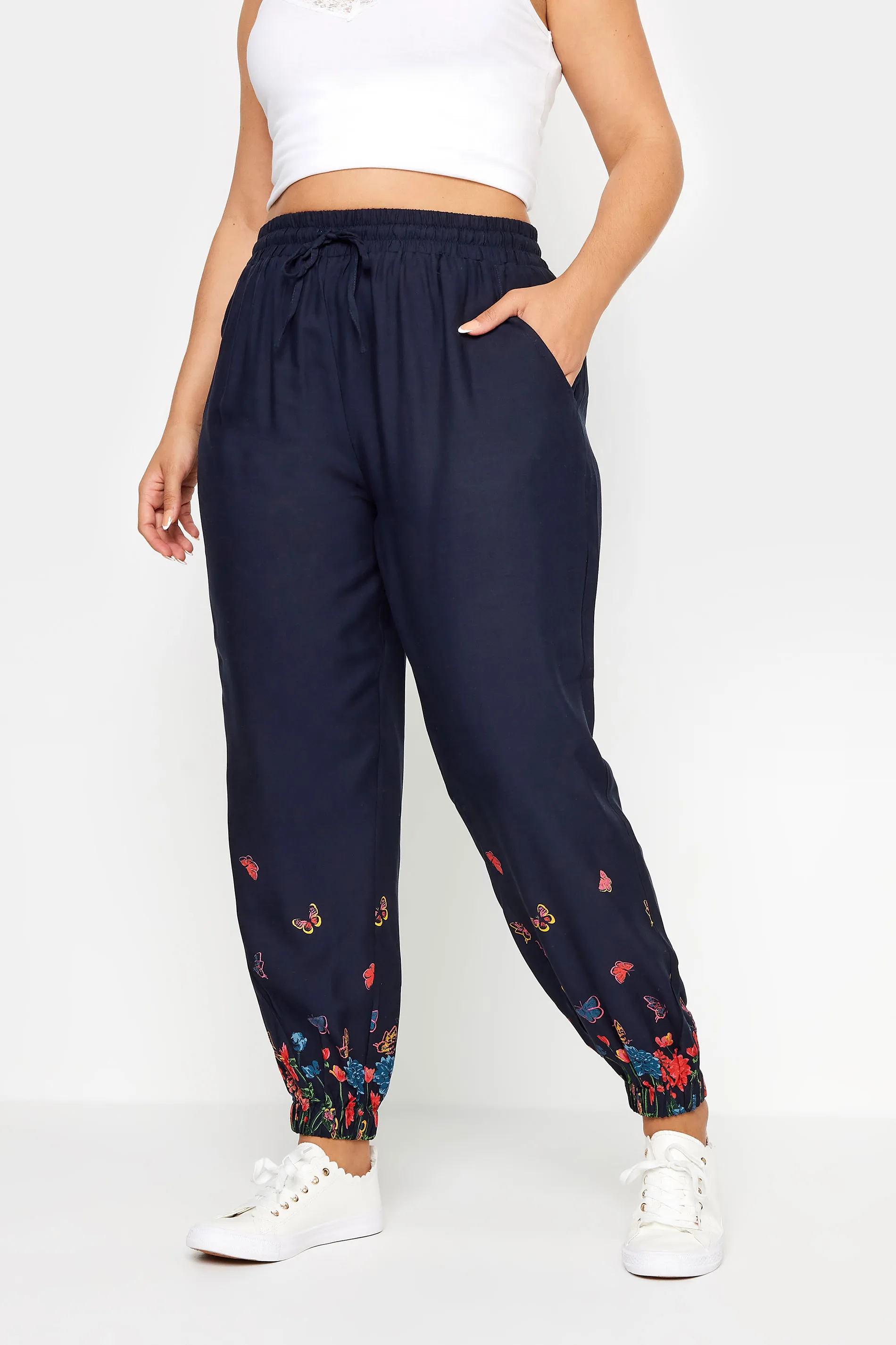 YOURS Curve Navy Blue Butterfly Print Border Joggers