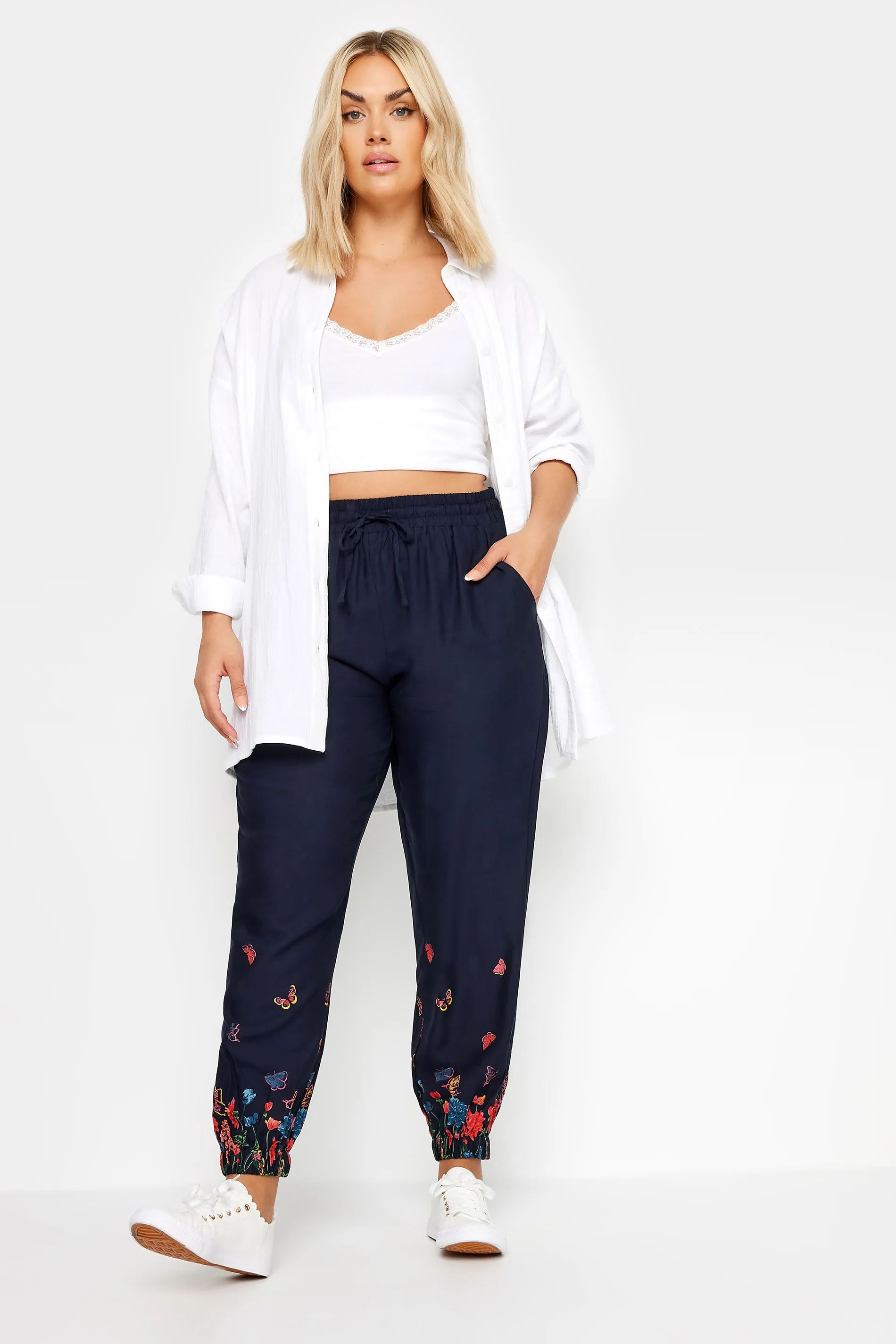 YOURS Curve Navy Blue Butterfly Print Border Joggers