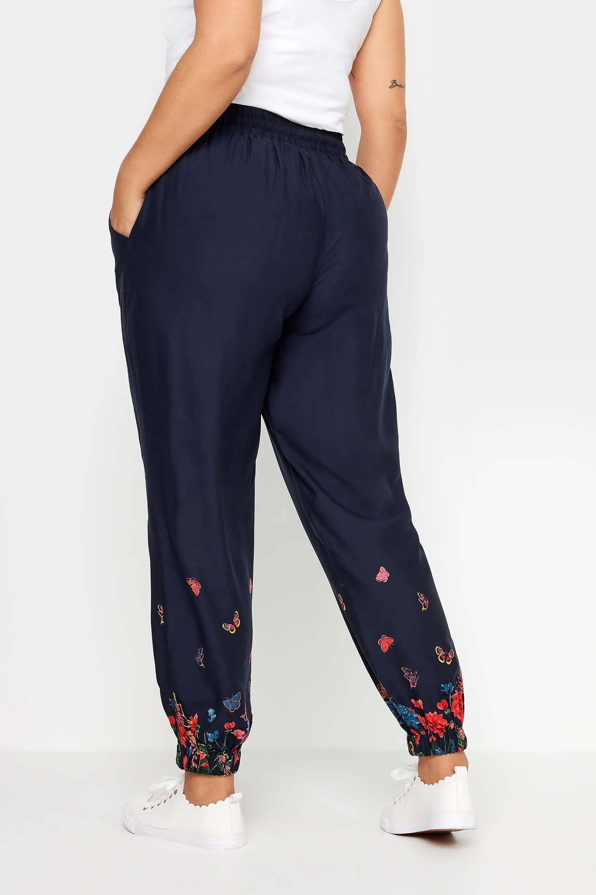 YOURS Curve Navy Blue Butterfly Print Border Joggers